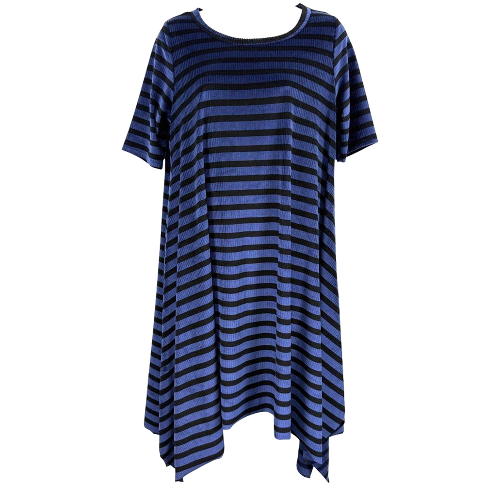 Oddy Womens Striped Velour Stretch Short Sleeve Shark Bite Hem Casual Dress sz L